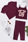 3'lü Baby Girl Baskılı Tshirt Atlet Tayt Bordo Takım