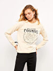 LCW Vision Bej Bisiklet Yaka Baskılı Uzun Kollu Kadın Sweatshirt