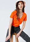 Fabrika Teyo V Yaka Basic Düz Turuncu Kadın T-Shirt