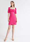Fabrika Pembe Kadın Karpuz Kollu Mini Basic Armürlü Kare Yaka Elbise LELI