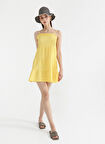 Fabrika Sarı Kadın Askılı Mini Geniş Fit Armürlü Kare Yaka Elbise NASU