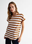 Bisiklet Yaka Çizgili Beyaz - Bej Kadın T-Shirt CM-HERMAN