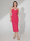 Fabrika V Yaka Düz Fuşya Midi Kadın Elbise ESTO