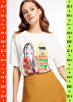 Fabrika Bisiklet Yaka Baskılı Kırık Beyaz Kadın T-Shirt F3WL-TST5