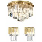 Nilüfer Yuvarlak Eskitme 3 Parça Kristalli Taşlı Modern Tasarım Kristal Salon Avize-Aplik Seti