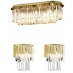 Nilüfer Dikdörtgen Eskitme 3 Parça Kristalli Taşlı Modern Tasarım Kristal Salon Avize-Aplik Seti