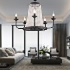 Carnation 5'li Siyah Kristalli Taşlı Modern Tasarım Kristal Salon Avize