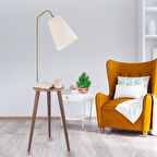 Libby Beyaz Başlıklı Ahşap Sehpalı Modern  Ayaklı Abajur Lamba Ahşap Lambader