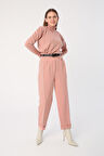 Pudra-Kemerli Duble Paça Pileli Havuç Pantolon