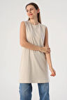 Taş-Pamuklu Yaka Biyeli Kolsuz Tunik