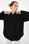 Siyah-%100 Pamuk Oversize Sivri Yaka Büzgülü Balon Kol Gömlek