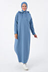 Mavi-Kapüşonlu Örme Elbise