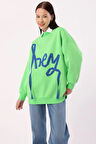 Neon Yeşil-Oversize Şardonlu Şerit Detaylı Sweatshirt