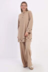 Bej-Kuşgözlü Pantolonlu Takım