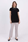 Siyah-Pamuklu Püskül Detaylı Kısa Kollu T-Shirt