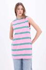 Pembe-Yeşil-Pamuklu Çizgili Sıfır Kollu Tunik