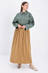 Camel-Düğme Detaylı Pileli Etek