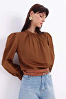 Kahve-Pamuklu Yakası Büzgülü Bluz