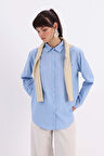 Mavi-KÖŞE MANŞET DETAYLI ŞIK DÜĞMELİ GÖMLEK