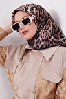 Bej Leopar Desen Twill Ipek Esarp