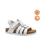 Loren Tek Cırtlı Püsküllü Deri Kız Çocuk Sandalet Beyaz