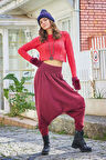Gipe Bel Detaylı Kışlık Bordo Diyogonel Kadın Şalvar Pantolon