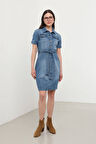 Blue White Kadın Kısa Kol Jean Elbise