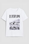 Kadın Bisiklet Yaka %100 Pamuk Bodrum Baskılı Kısa Kollu T-Shirt