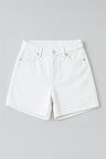Kadın Yüksek Bel %100 Pamuk Ekru Jean Şort