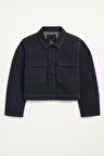 Kadın Cepli Oversize Lacivert Denim Ceket Gömlek