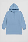 Kadın Kapüşonlu Cepli Mavi Tunik Sweatshirt