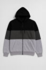 Erkek Fermuarlı Kapüşonlu Cepli İçi Polarlı Parçalı Sweatshirt