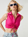 Crop Poplin Bluz Kolsuz Büzgülü Polo Yaka 