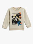 Ayı Baskılı Sweatshirt Uzun Kollu Bisiklet Yaka Şardonlu