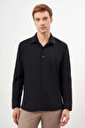  Erkek Siyah Basic Düz Desen Cepli Sert Yaka Regular Fit Gömlek