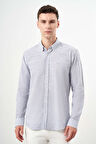  Erkek Gri Pamuk Çizgili-Panolu İtalyan Yaka Slim Fit Gömlek