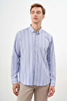  Erkek Mavi Pamuk Çizgili-Panolu Düğmeli Yaka Regular Fit Gömlek