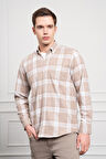  Erkek Bej Kışlık Düğmeli Yaka Regular Fit Gömlek