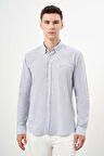  Erkek Gri Pamuk Çizgili-Panolu İtalyan Yaka Slim Fit Gömlek