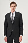  Erkek Siyah Yünlü Platinium Classic Çizgili Slim Fit Sivri Yaka Takım Elbise