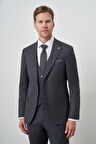  Erkek Füme Poliviskon Slim Fit Yelekli Mono Yaka Takım Elbise