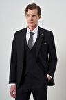  Erkek Siyah Poliviskon Basic Yelekli Slim Fit Mono Yaka Takım Elbise