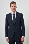  Erkek Lacivert Poliviskon Çizgili Slim Fit Mono Yaka Takım Elbise
