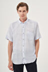  Erkek A. MAVİ Keten Trend Regular Fit Düğmeli Yaka Kısa Kol Gömlek