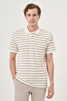  Erkek Ekru Trend Çizgili Dinamik Fit Polo Yaka T-Shirt
