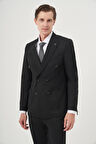  Erkek Siyah Poliviskon Trend Düz Slim Fit Sivri Yaka Kruvaze Takım Elbise