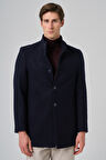  Erkek Lacivert Yünlü Düz Dynamic Fit Hakim Yaka Kaban