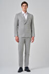  Erkek Gri Poliviskon Trend Çizgili Slim Fit Sivri Yaka Kruvaze Takım Elbise