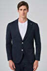  Erkek Lacivert Poliviskon Trend Çizgili Slim Fit Mono Yaka Takım Elbise