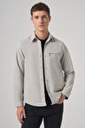  Erkek Gri Polyester Trend Düz Dynamic Fit Berberi Yaka Gömlek Ceket